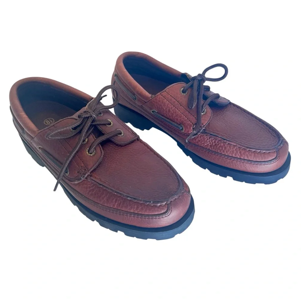 Stylish Brown Leather Boat Shoes by Hunter’s Bay Leather Collection. Size 8.5.